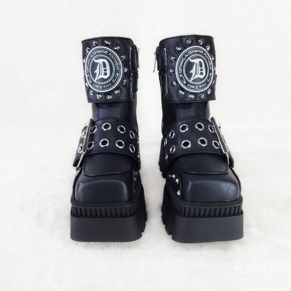 Wicked Wrath 58 Square Toe Goth Lace Up Big Buckle Strap Ankle Boots - Picture 8 of 13